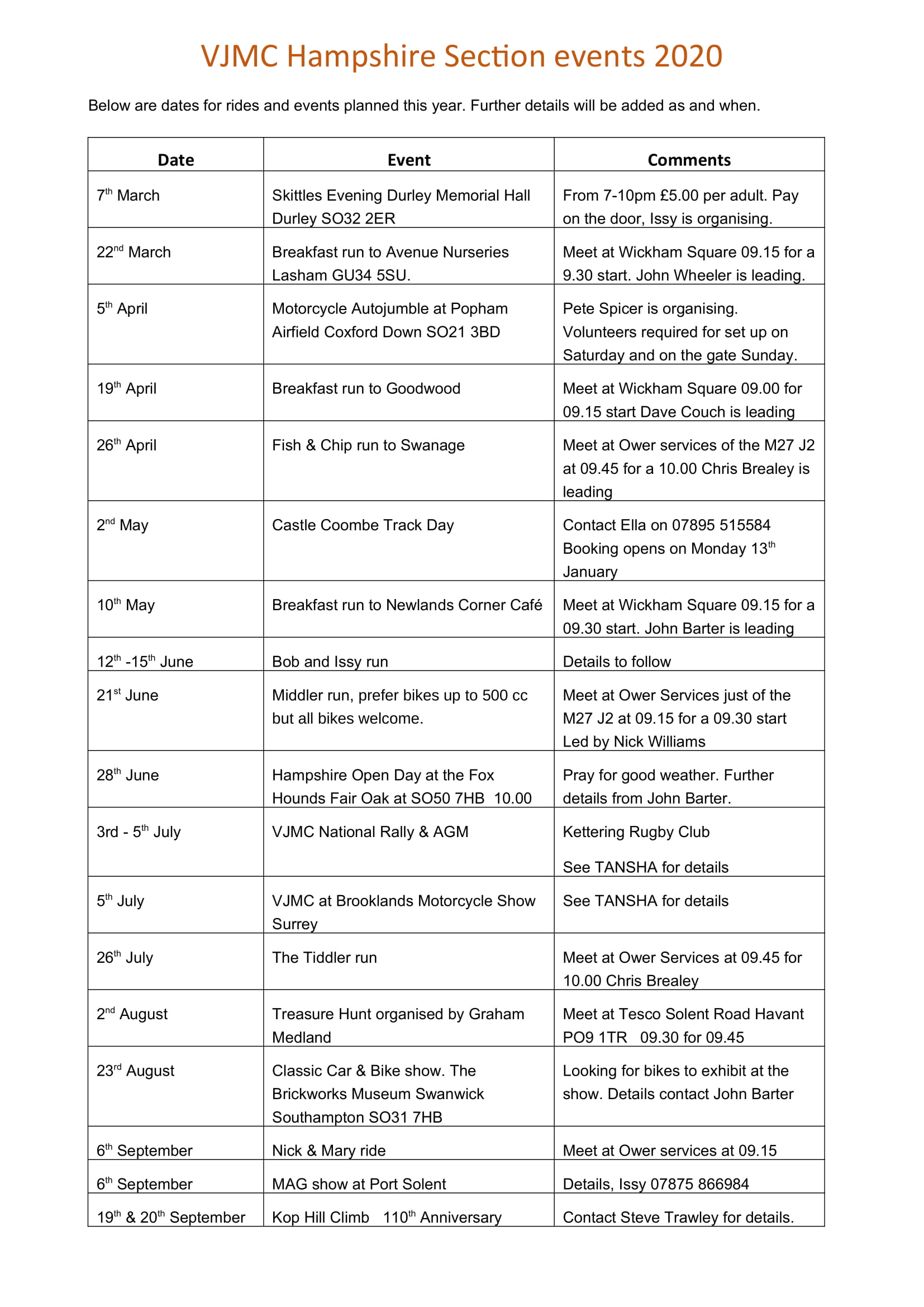 Hampshire Events 2020